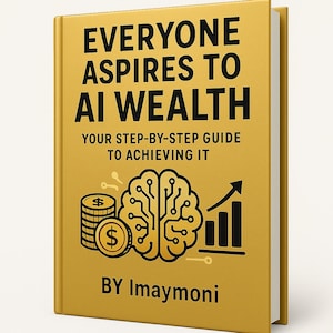 以下が含まれることがあります： 黒い文字で「EVERYONE ASPIRES TO AI WEALTH」と書かれた、金色の表紙の本。表紙には、回路のような線が入った脳のグラフィック、コインの山、上昇する棒グラフが描かれています。著者の名前、Imaymoniが下にあります。