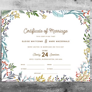 GEDRUCKT | Benutzerdefinierte Heiratsurkunde, Hochzeitsurkunde, Hochzeit Andenken, Hochzeitsgeschenk, amtliche Geschenk, Quäker Ehe-Zertifikat