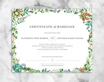 PRINTED | Custom Marriage Certificate, Wedding Certificate, Succulent, Leaves, Wedding Gift, Officiant Gift, Quaker Marriage Certificate