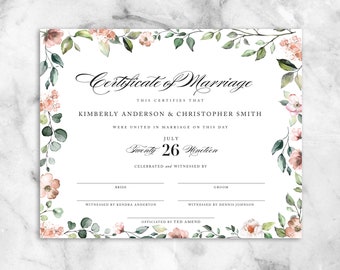 PRINTED | Custom Marriage Certificate, Wedding Certificate, Succulent, Leaves, Wedding Gift, Officiant Gift, Quaker Marriage Certificate