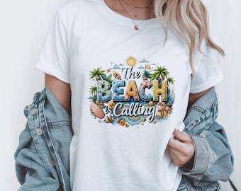The Beach is Calling T-Shirt for Women - Colorful Summer Outfit - Vintage Van - Palm Trees - Vacation Graphic Tee - Beach T-Shirt