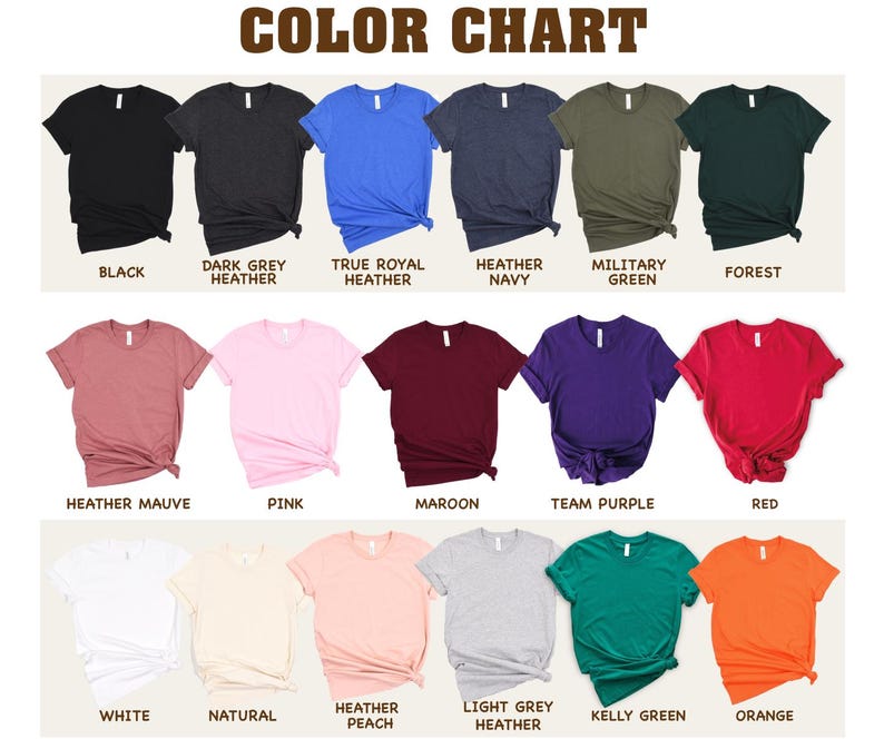 a collection of t-shirts in various colors, including black, dark grey, true royal heather, Heather navy, military green, forest green, maroon, pink, maroon, purple, red, peach, light grey, kerry green, and orange.