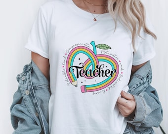 Rainbow Pencil Heart Teacher Shirt – Cute Motivational Teacher Tee for Women – Back to School Gift – Kind, Compassionate, Inspiring T-Shirt