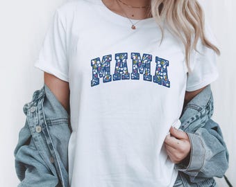 Camisetas de mamá para mujer, diseño retro azul floral con letras estampadas para el Día de la Madre, camisetas casuales para mamá