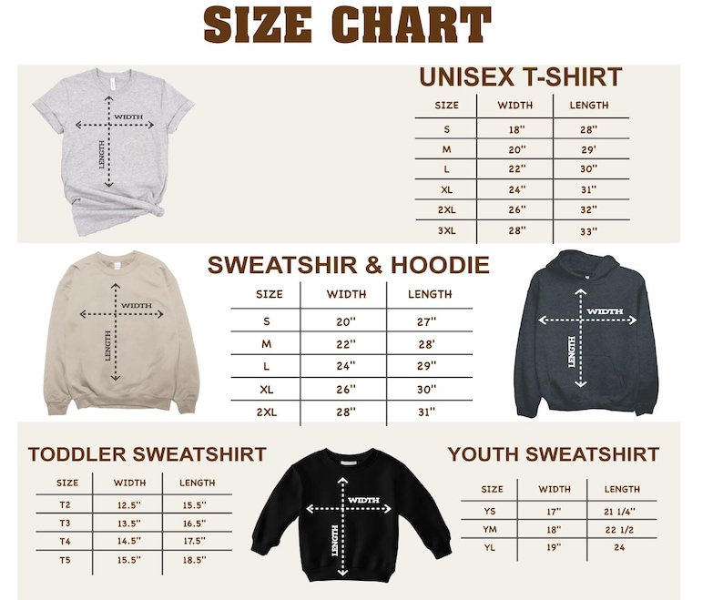 a size chart for various types of clothing, including a t-shirt, sweatshirt, and hoodie. The chart provides measurements for different sizes, such as S, M, L, XL, 2XL, 3XL, and YS, as well as a toddler sweatshirt and a youth sweatshirt. The chart is designed to help customers determine the appropriate size for their clothing based on their height and other measurements.