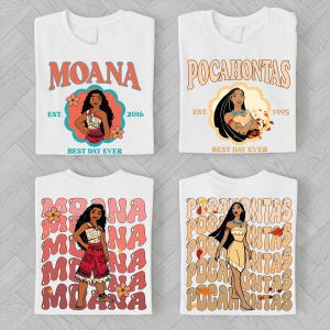 four white t-shirts with the Disney character Moana and the Disney character Pocahontas printed on them. The t-shirts feature the characters in various poses and settings, with the text "Moana" and "Pocahontas" prominently displayed.