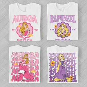 four white t-shirts with different designs featuring the Disney princesses Aurora and Rapunzel.