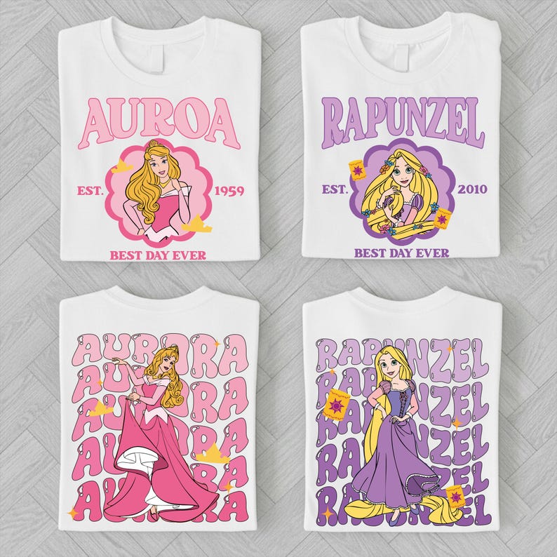 four white t-shirts with different designs featuring the Disney princesses Aurora and Rapunzel.