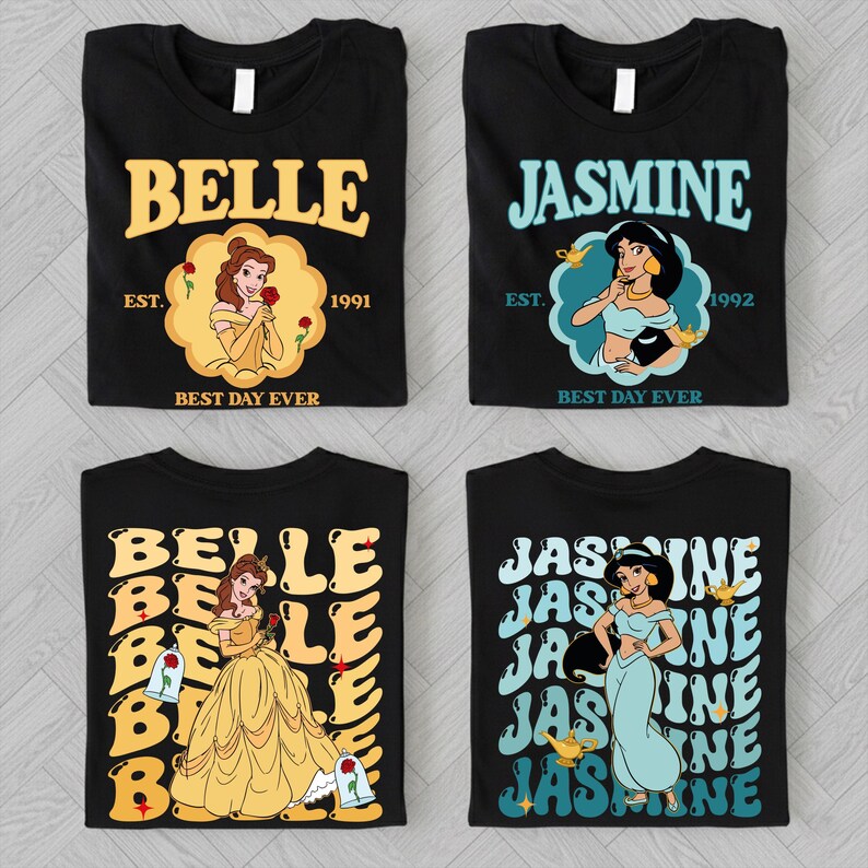 four black t-shirts with Disney princesses printed on them.