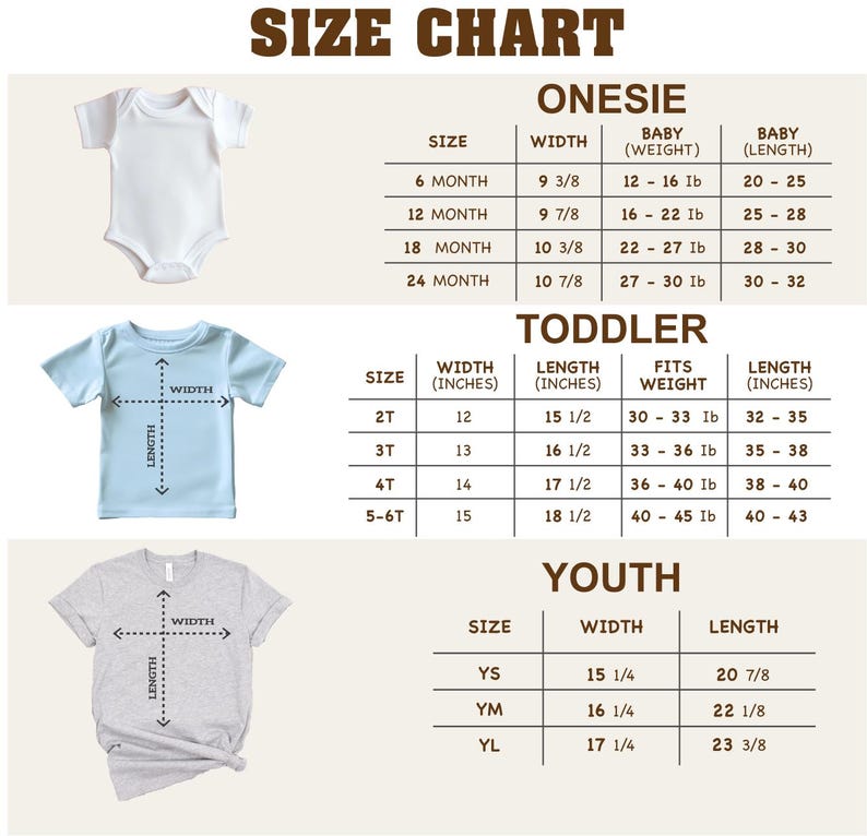 a size chart for different age groups, including a baby, toddler, and youth section. The chart provides measurements for each age group, such as height, weight, and length, along with corresponding clothing sizes.