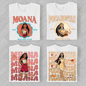 four white t-shirts with the Disney character Moana and the Disney character Pocahontas printed on them. The t-shirts feature the characters in various poses and settings, with the text "Moana" and "Pocahontas" prominently displayed.