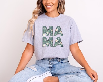 Camisetas de mamá para mujer con diseño floral, regalo para el Día de la Madre, diseño personalizado, camisetas casuales para mamá, diseño floral con bocetos.