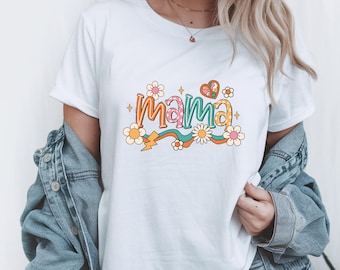 Camisetas retro de mamá para mujer, estilo retro, bohemio, arcoíris, para el Día de la Madre, personalizadas, informales, regalo para el Día de la Madre.