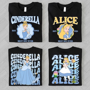 four black t-shirts with the character Alice from the story of "Cinderella" printed on them. The t-shirts feature illustrations of Alice and the text "CINDERELLA" and "ALICE" along with the phrases "EST. 1992" and "EST. 1951" above and below the illustrations, respectively.