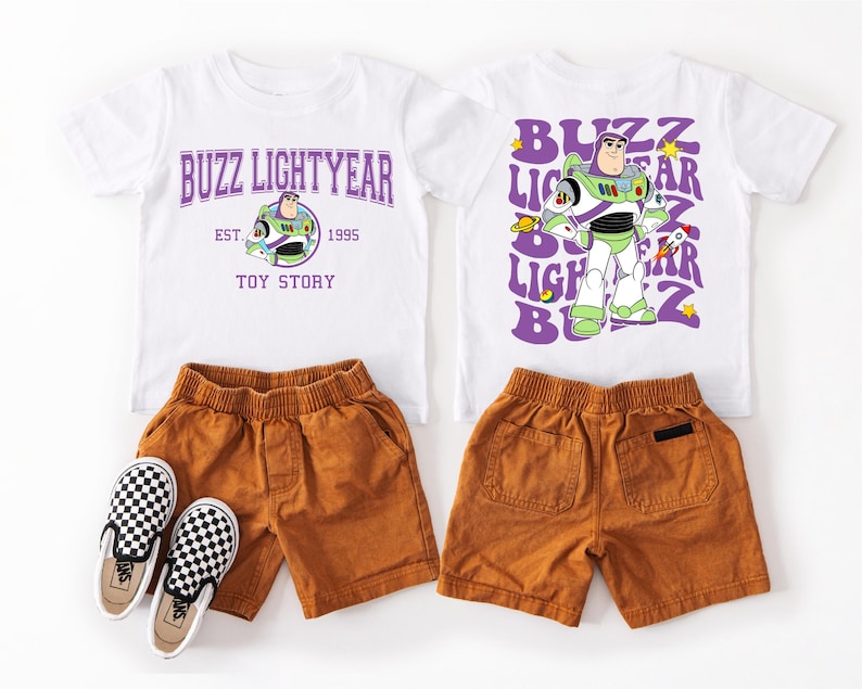 a collection of children's clothing and footwear, including a white t-shirt with a Buzz Lightyear character design, brown shorts, and black and white checkered shoes.