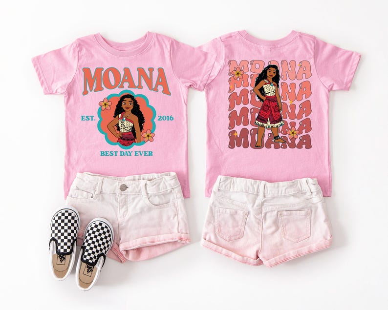 a pink t-shirt with the character Moana printed on it, along with matching shorts and a pair of black and white checkered shoes.