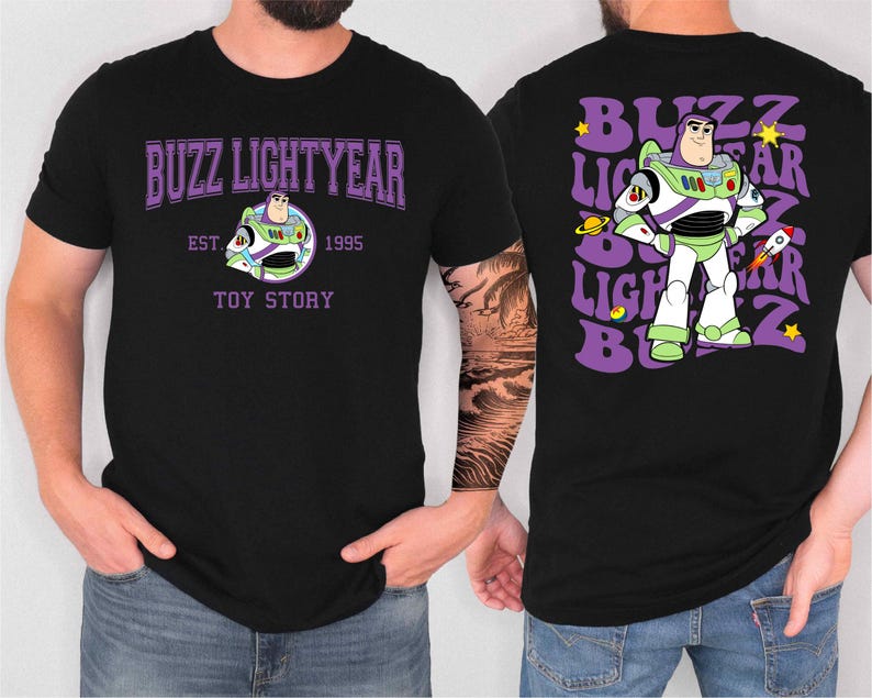 A man wearing a black t-shirt with a graphic of Buzz Lightyear from the Toy Story franchise.