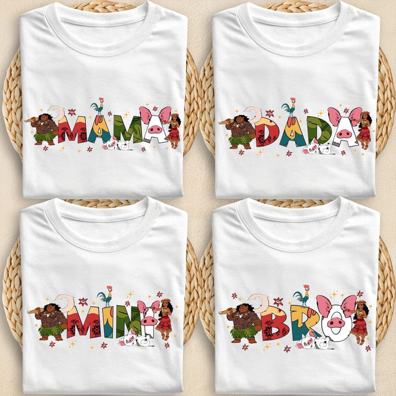 four white t-shirts with colorful text and illustrations, including characters and animals.