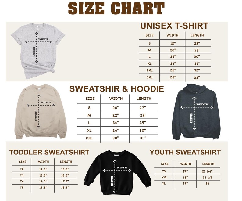 a size chart for various types of clothing, including a t-shirt, sweatshirt, and hoodie. The chart provides measurements for different sizes, such as S, M, L, XL, 2XL, 3XL, and YS, as well as a toddler sweatshirt and a youth sweatshirt. The chart is designed to help customers determine the appropriate size for their clothing based on their height and other measurements.