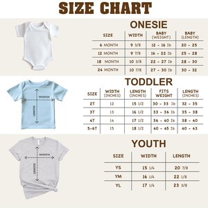 a size chart for different age groups, including a baby, toddler, and youth section. The chart provides measurements for each age group, such as height, weight, and length, along with corresponding clothing sizes.