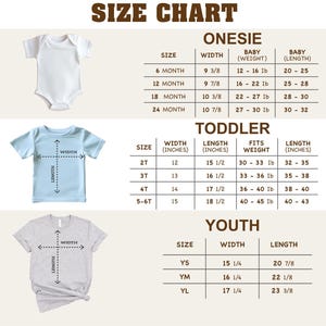 a size chart for different age groups, including a baby, toddler, and youth section. The chart provides measurements for each age group, such as height, weight, and length, along with corresponding clothing sizes.