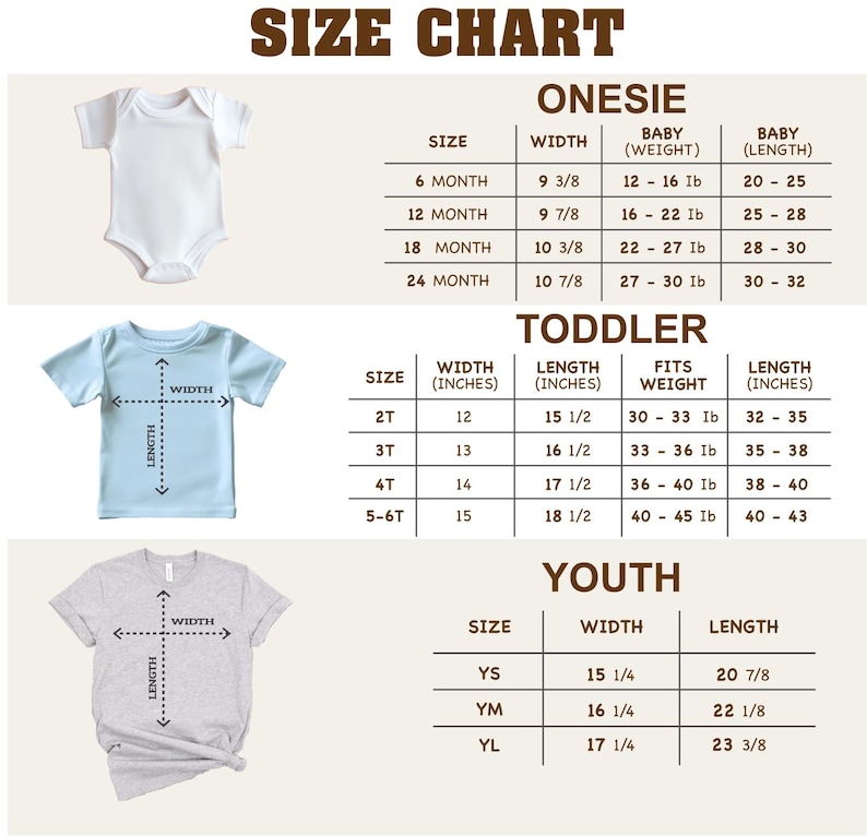 a size chart for different age groups, including a baby, toddler, and youth section. The chart provides measurements for each age group, such as height, weight, and length, along with corresponding clothing sizes.