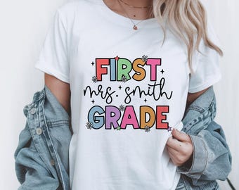 Personalized First Grade Teacher Shirt - Custom Name Teacher Tee - Back to School Gift for Teachers - Fun Colorful Grade Level T-Shirt