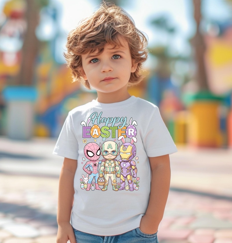 A young boy wearing a white t-shirt with a colorful Easter-themed graphic design featuring cartoon characters.