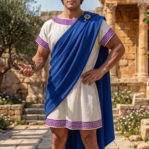 May include: A white tunic with purple Greek key trim on the sleeves and hem, paired with a draped blue sash secured by a gold brooch. The outfit includes a gold laurel wreath headpiece and brown leather gladiator sandals with multiple straps.