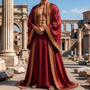 May include: A floor-length, deep red open robe featuring wide sleeves and a gold Greek key pattern trim along the front edges. The garment is worn over a bare chest, and the individual wears a gold laurel wreath crown on their head.