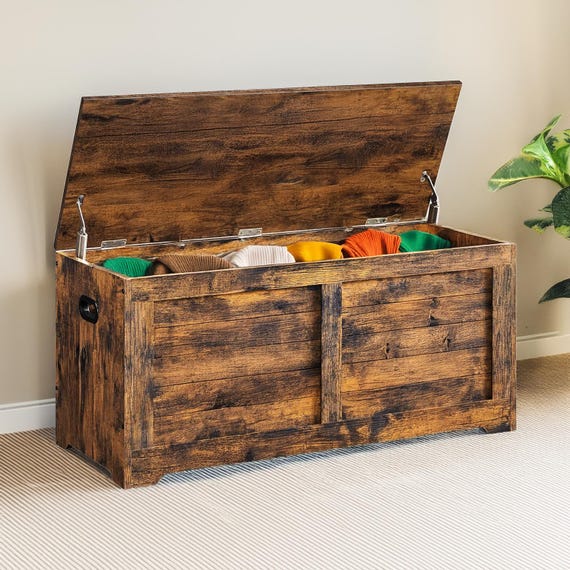 Large Rustic Storage Chest With Safety Hinges, Brown Farmhouse