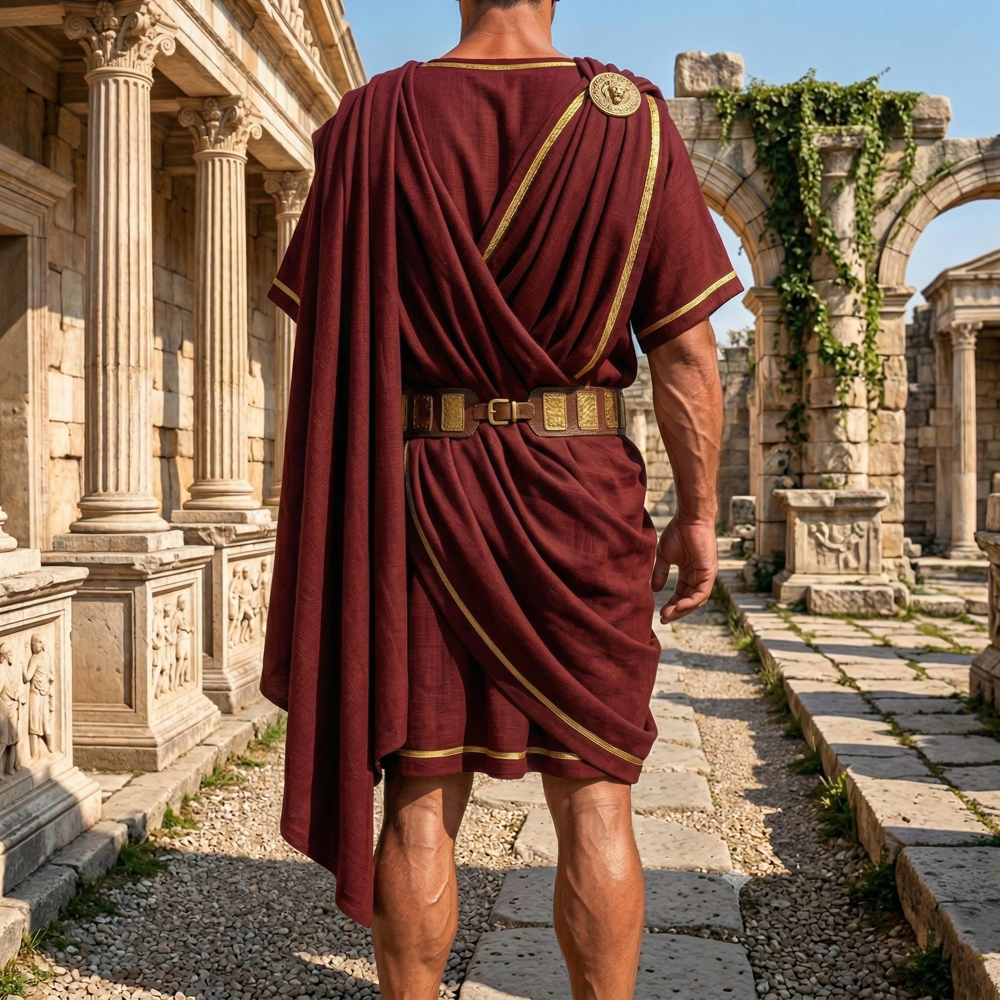 Men’s Ancient Roman Tunic and Toga Costume Cotton Greek Outfit With Red ...
