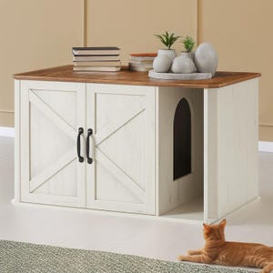 Hidden Cat Litter Box Enclosure, Front Entry with Double Doors & Handles, Rustic Side End Table for Cats, Pet Furniture