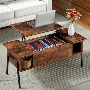 Wooden Lift Top Coffee Table with Hidden Storage, Rustic Multi-Functional Living Room Center Table, Mid Century Furniture