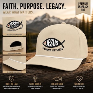 May include: A beige snapback hat featuring a white rope detail across the brim and an embroidered black fish symbol containing the white text JESUS and the black text FISHERS OF MEN. The hat has a structured crown and an adjustable plastic snap closure.