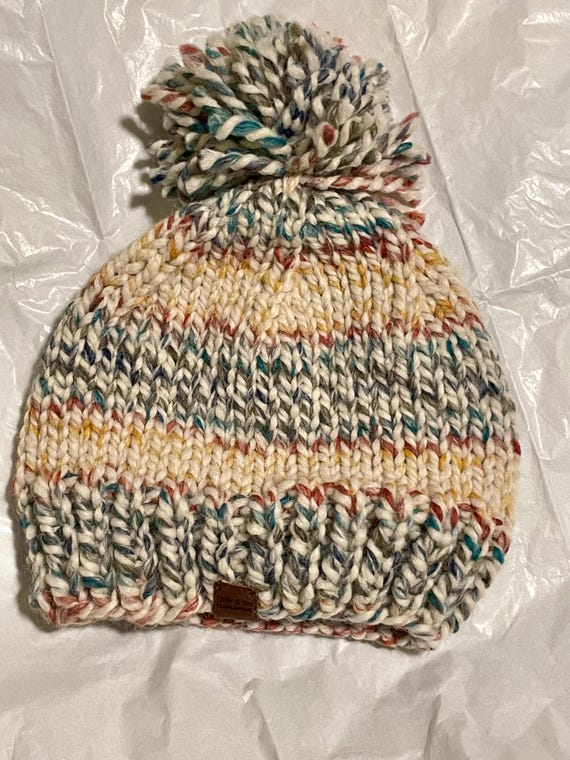 Hand-Knit hat, adult, Pom Pom, multicolor