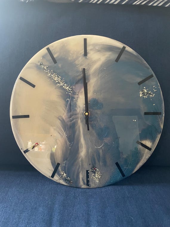 Handcrafted clock, 14” blue & ivory, runs on a battery