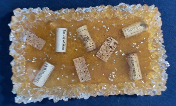 Golden sparkle, champagne cork, diamond cut edges tray made from resin