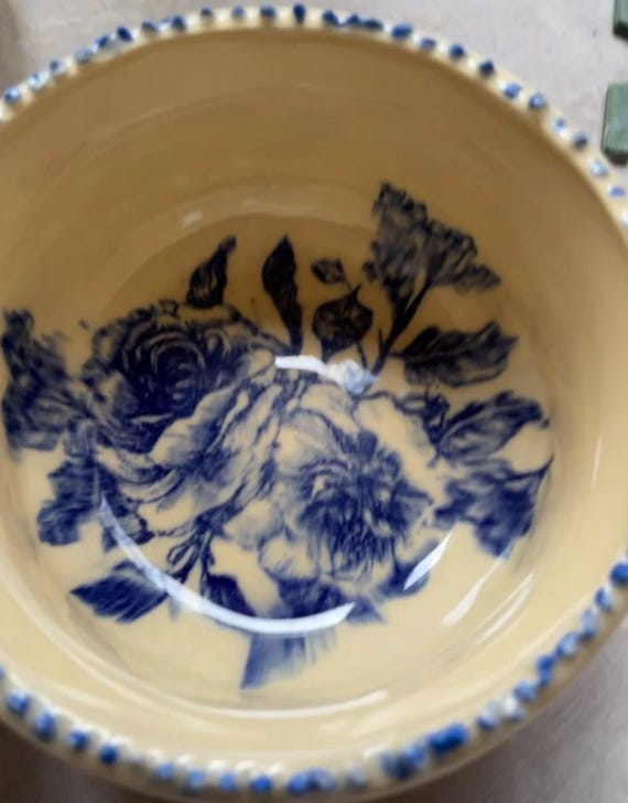 Ceramic ivory bowl with blue floral underglaze