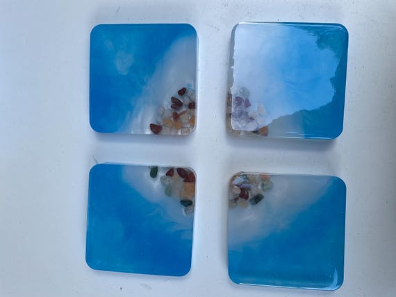 Handcrafted beach coasters, pebbles and waves, resin set of 4