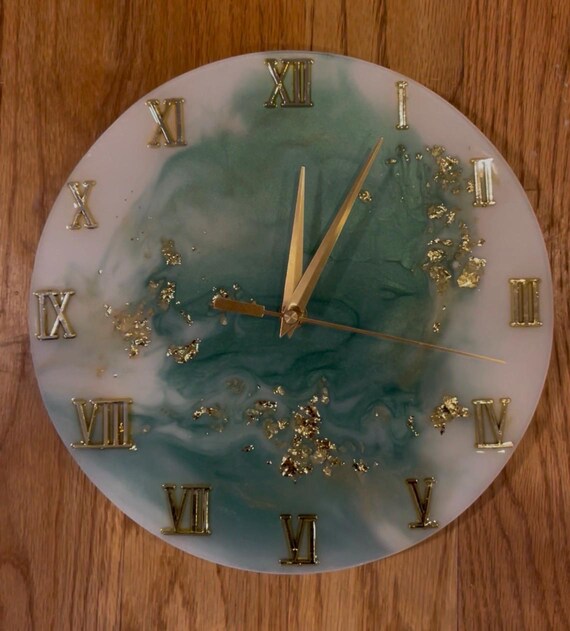 Handcrafted clock, 10”, green and white resin, AA battery