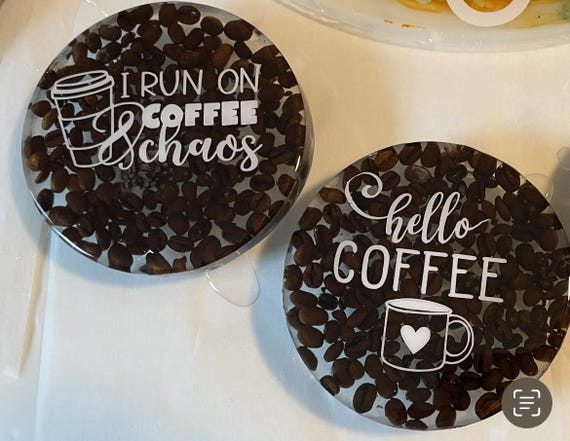 Handcrafted  coffee bean coasters, pair