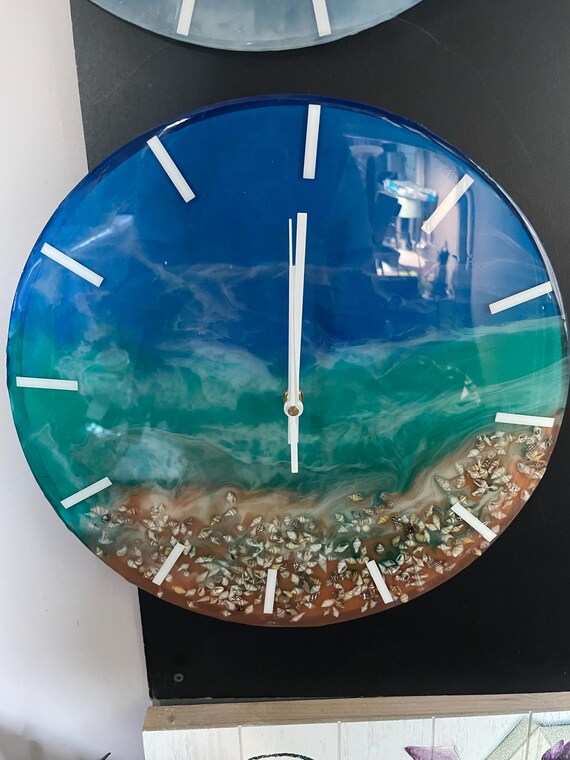 Handcrafted clock, beach with shells, 14” diameter, aa battery