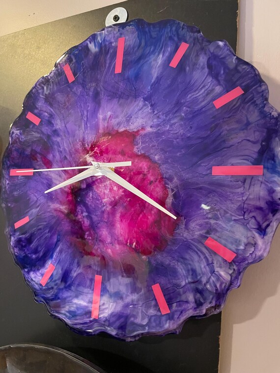 Handcrafted contemporary resin clock, purple, pink 14” diameter, aa battery