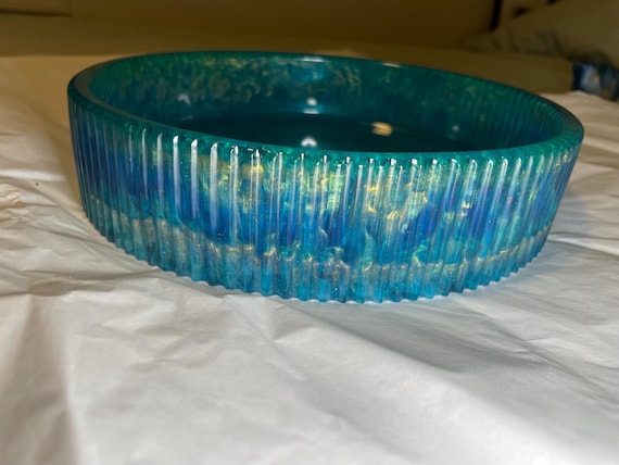 Handcrafted turquoise, blue and gold ridge bowl, resin,  9” diameter, 2” ht