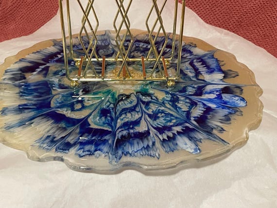 Handcrafted resin napkin holder, gold and blue, 14” diameter