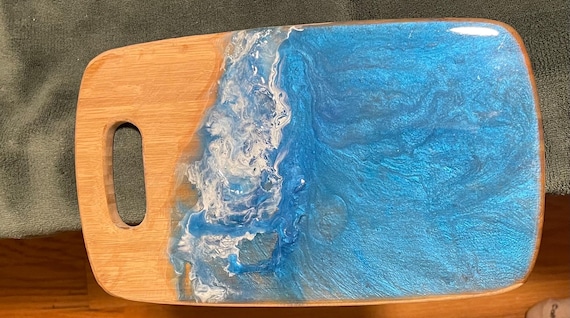 Handcrafted charcuterie board, resin & wood, beach water, 16” x 10” or 10’ x 6’