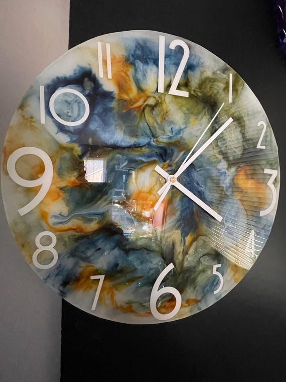 Handcrafted clock, blue, yellow and green, resin, AA battery