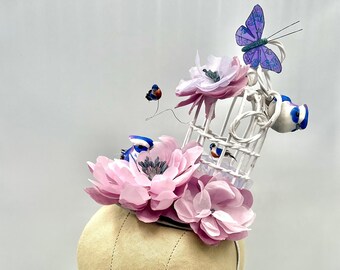Mad Hatter Maven. Bird, Birdcage, Butterfly & Flower Hair Fascinator, Headpiece, Derby, Tea Party. Made To Order.