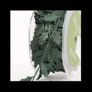 May include: A spool of green velvet ribbon with a holly leaf design. The ribbon is on a clear plastic spool with a green label that says "May Arts" and "Easy Tear Ribbon".
